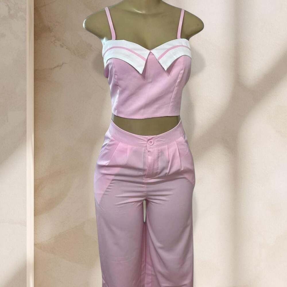 Pink Two Piece Set – Crop Top & High Waisted Pants Soft Girl Chic Outfit ✧ M - Picture 2 of 4